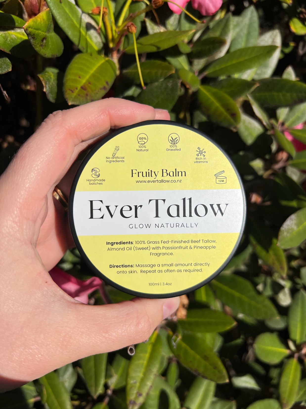 Hand holding a container of 'Fruity Tallow' balm against a green leafy background
