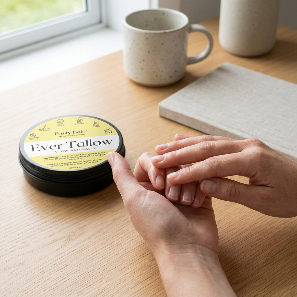 Close-up of hands applying Fruity Tallow balm to cuticles at a clean wooden desk. Soft daylight from a window.