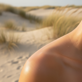 Close-up of dewy sunlit skin at the beach after using Glow Balm.