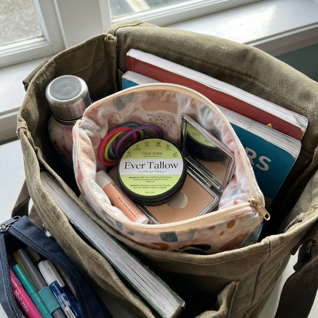 An open toilet bag placed in a girl’s school bag. Soft fabric lining, simple makeup items, hair ties, lip balm, small mirror, and a compact and glow balm.