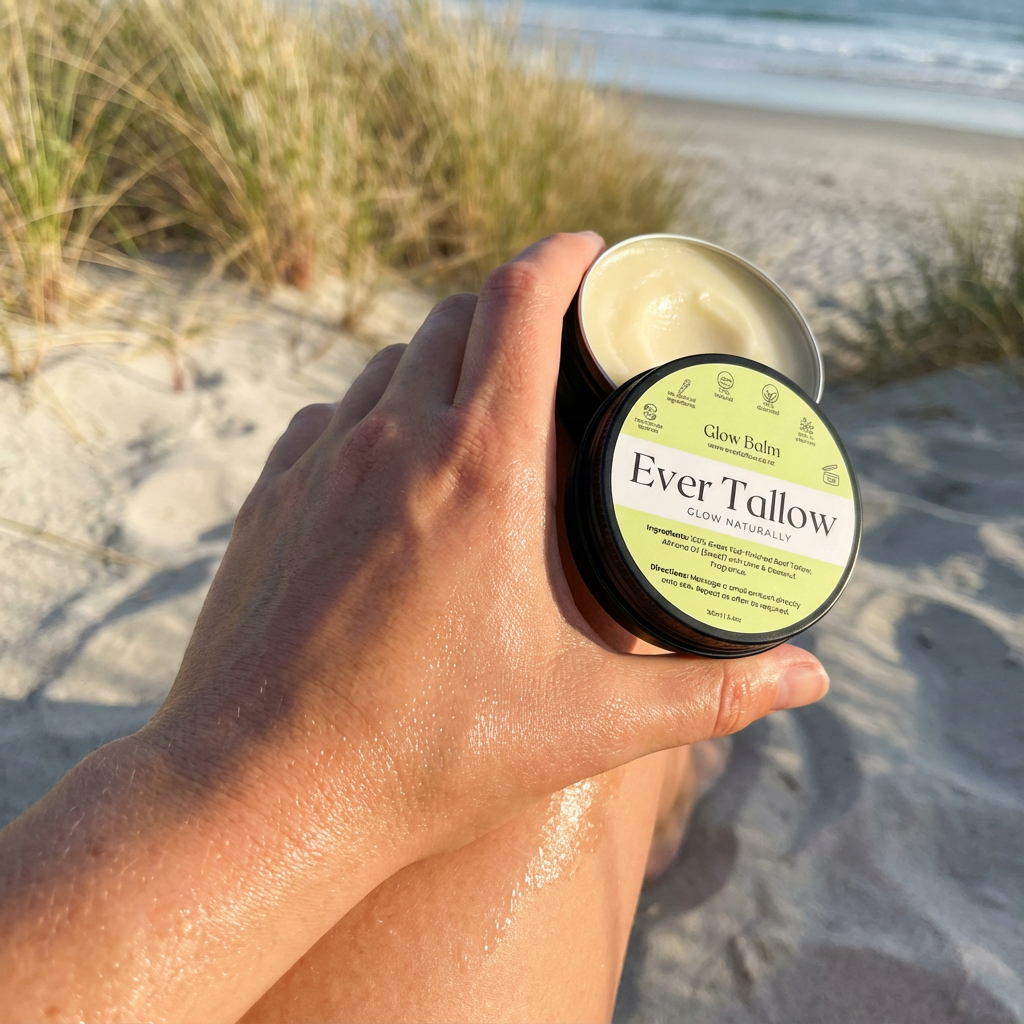 Soft highlight of Glow Balm tallow hydrated skin on a warm golden NZ summer light. 