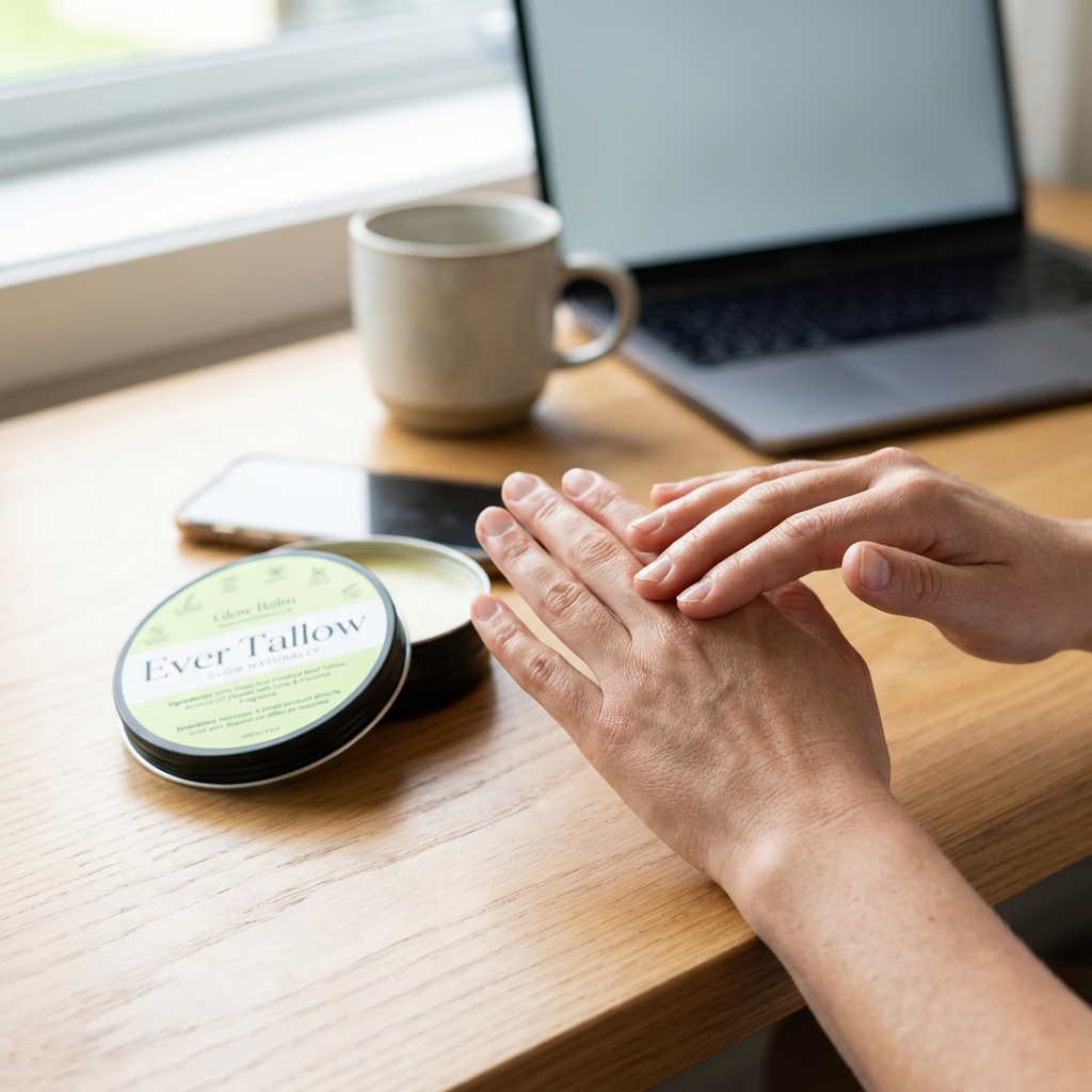 Close-up of hands applying Glow Balm to cuticles at a clean wooden desk.