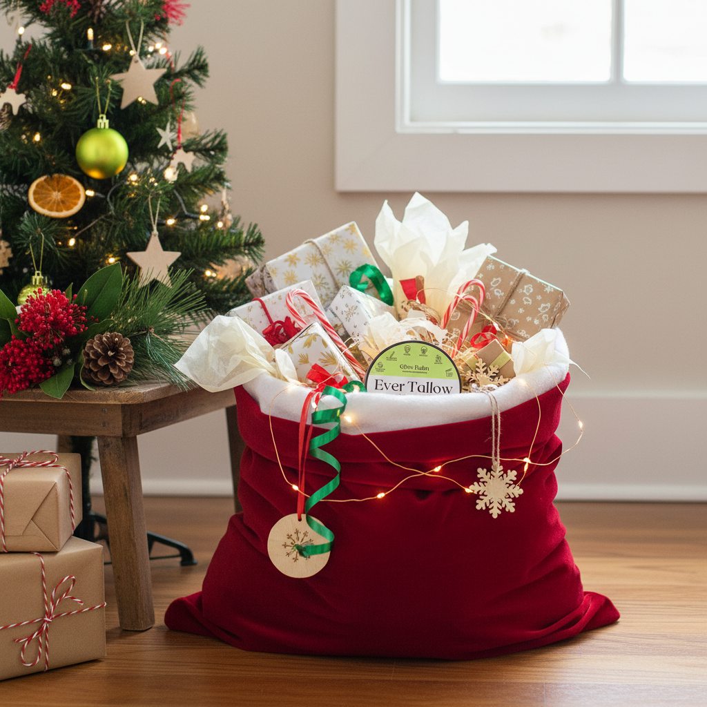 Red gift bag filled with wrapped gifts in front of a decorated Christmas tree.