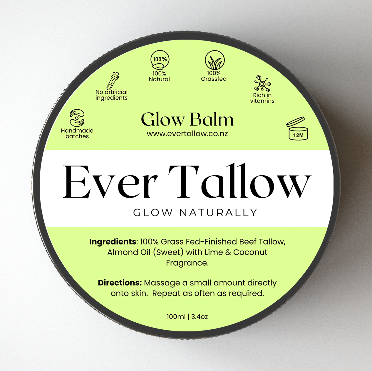Ever Tallow Glow Balm container with green label on a white background