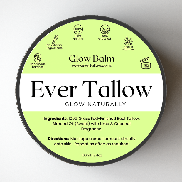 Ever Tallow Glow Balm container with green label on a white background