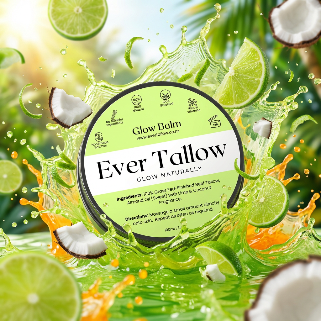 Glow balm immersed in a dynamic splash with lime and coconuts.  A bright mixture of lime green and summer.
