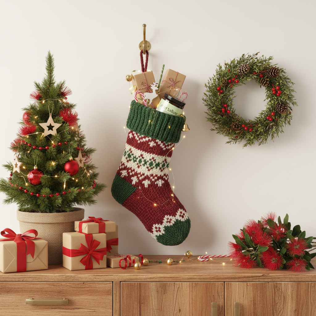 Jojoba whipped tallow tucked inside a full Christmas stocking hanging on a low cabinet.