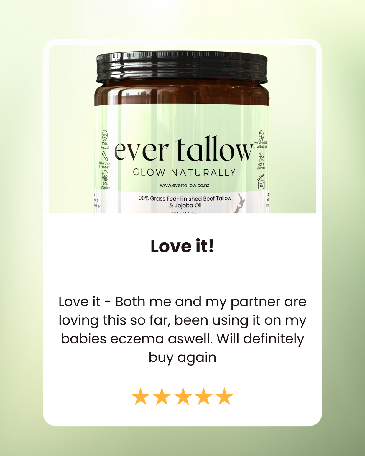 Ever Tallow Jojoba_whipped_tallow with a five-star rating on a green background