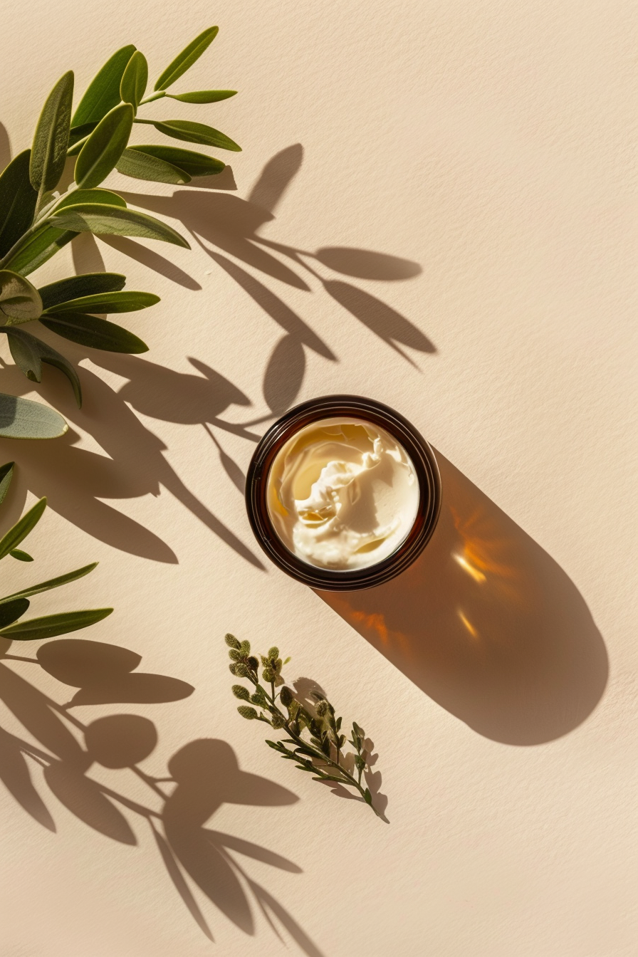 Jar of Jojoba  whipped tallow cream with olive leaves on a beige background