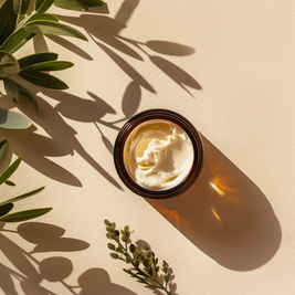 Jar of Jojoba  whipped tallow cream with olive leaves on a beige background