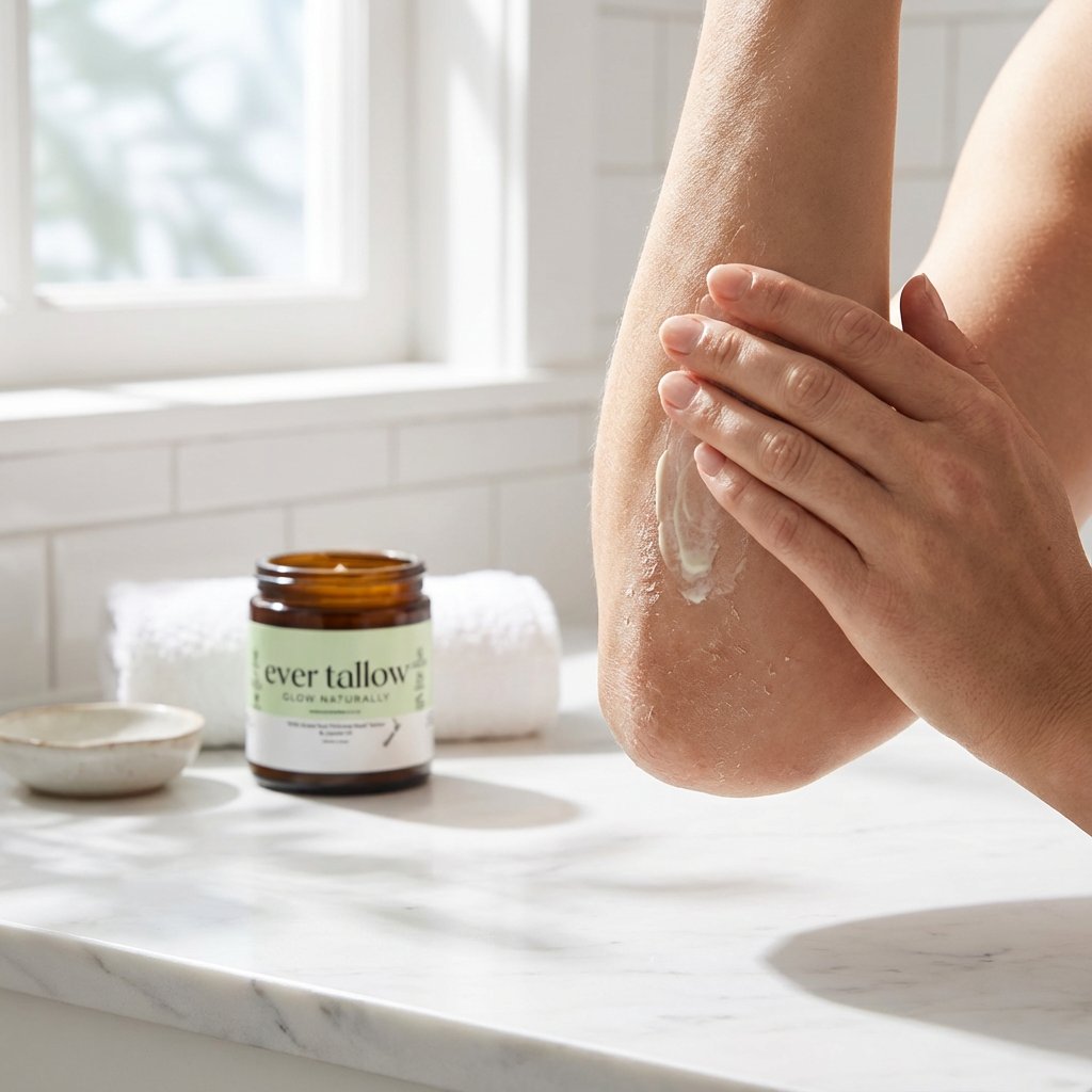 A person applying cream to their fore arm with 'ever tallow' (Jojoba whipped tallow) on a marble surface.
