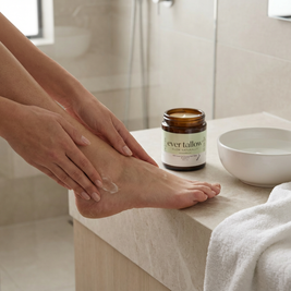 Person applying cream to foot with 'ever tallow' Jojoba whipped tallow on bathroom counter