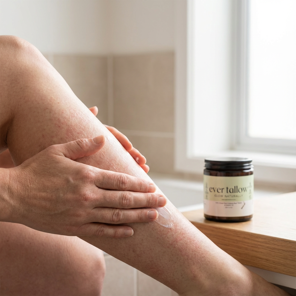 A person applying cream to their leg with a jar of 'ever tallow' (Jojoba whipped tallow cream) on a surface.
