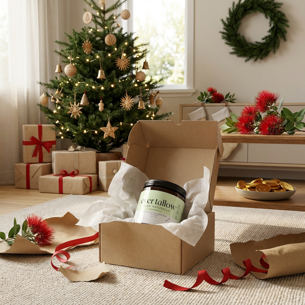 Jojoba whipped tallow inside an open gift box with soft white tissue paper. Torn kraft wrapping and red ribbon pieces scattered on a light rug.