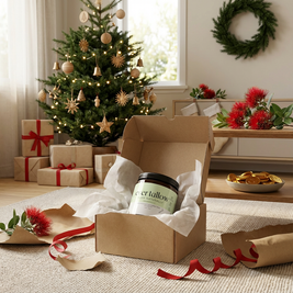 Jojoba whipped tallow inside an open gift box with soft white tissue paper. Torn kraft wrapping and red ribbon pieces scattered on a light rug.