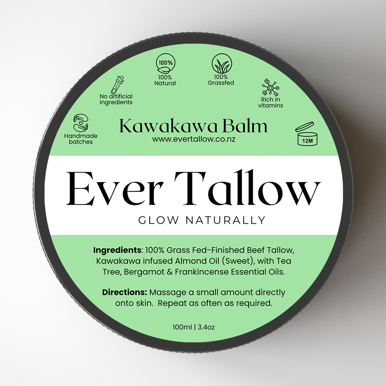 Ever Tallow Kawakawa Balm container with green label on a white background