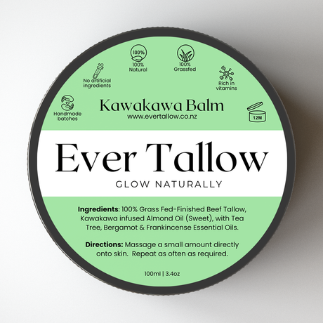 Ever Tallow Kawakawa Balm container with green label on a white background