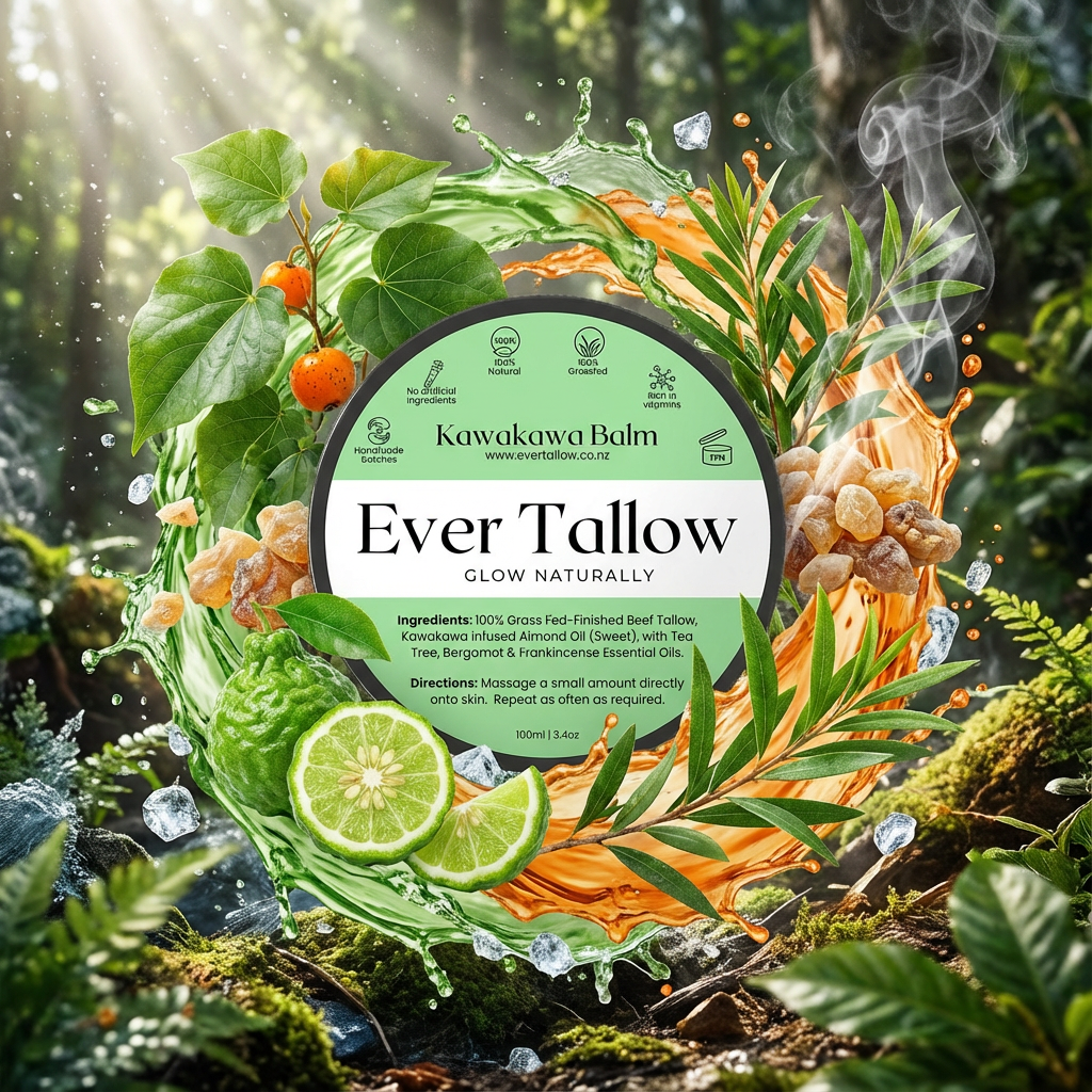 Ever Tallow Kawakawa Balm packaging surrounded by natural elements like leaves and fruits in a forest setting.