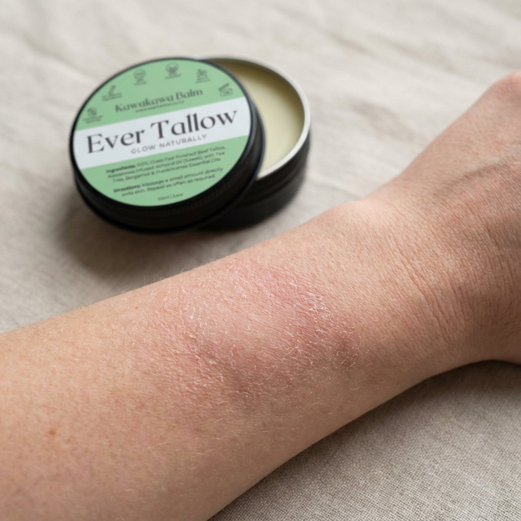 Close shot of skin on the arm or leg with mild redness and visible dryness with Kawakawa balm ready to rub in