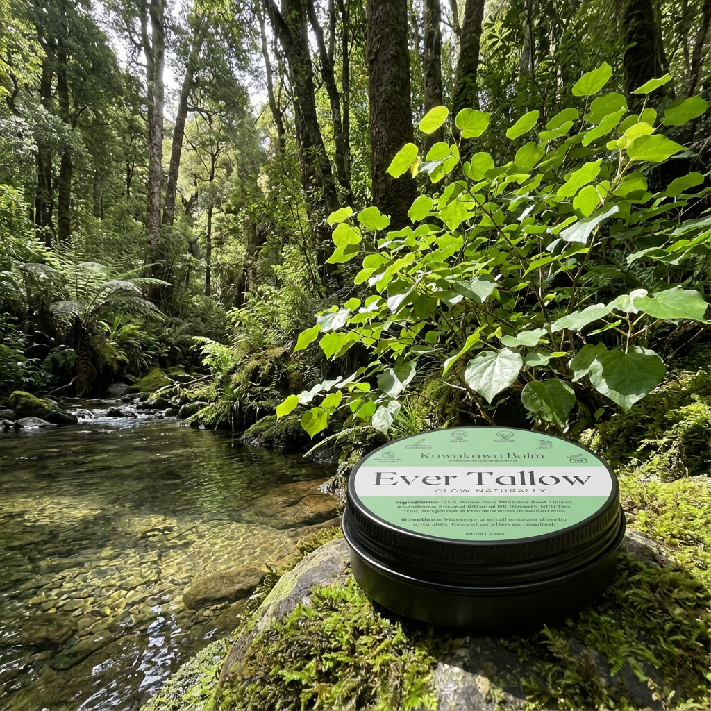 Kawakawa balm in a lush New Zealand forest beside a clear shallow stream.