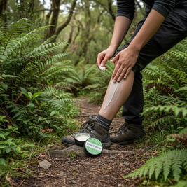 Person applying cream to leg in a forest setting with Ever Tallow, Kawakawa balm product visible