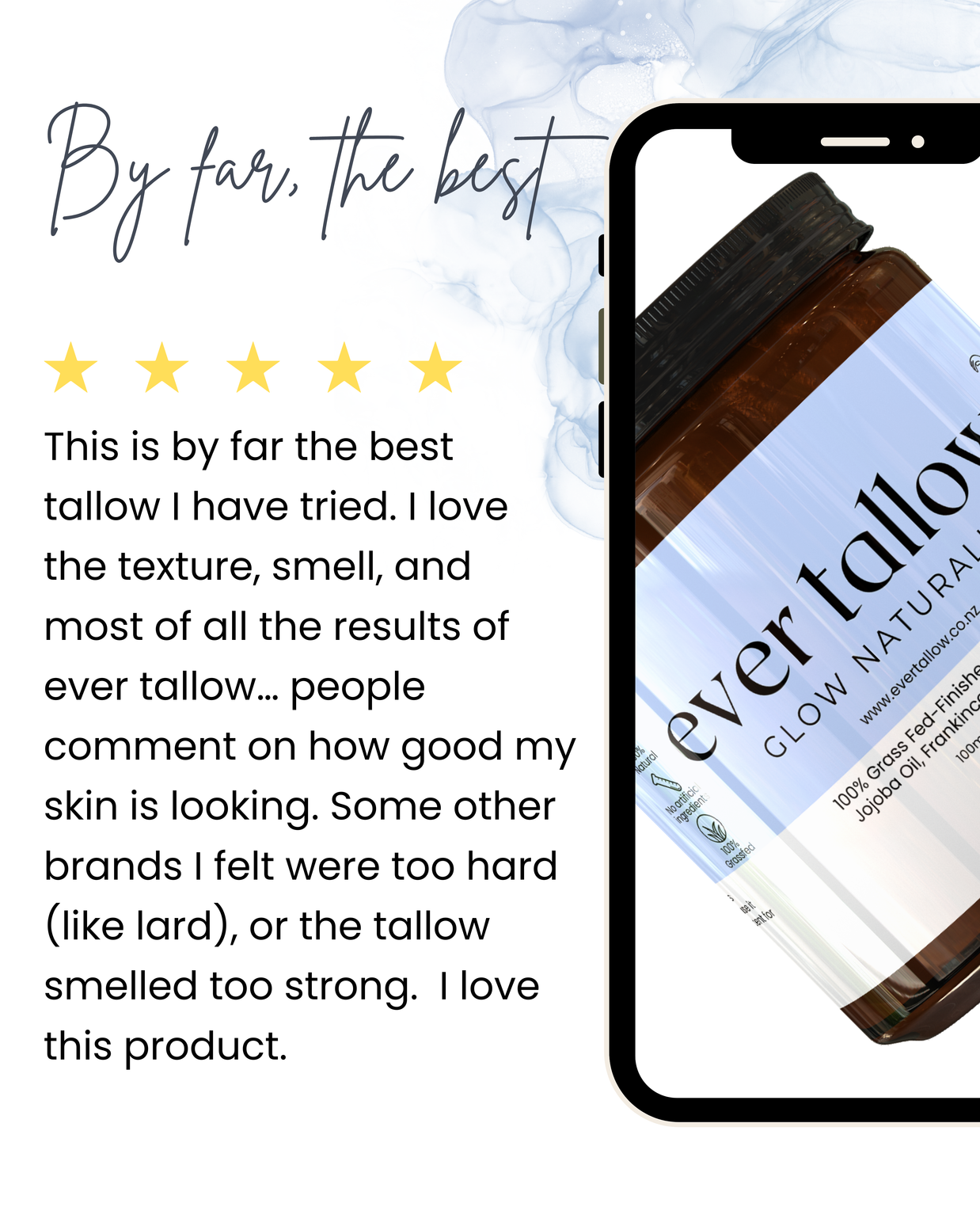 Ever Tallow Lavender and Frankincense tallow with a five-star rating on a bluebackground