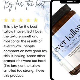 Ever Tallow Lavender and Frankincense tallow with a five-star rating on a bluebackground