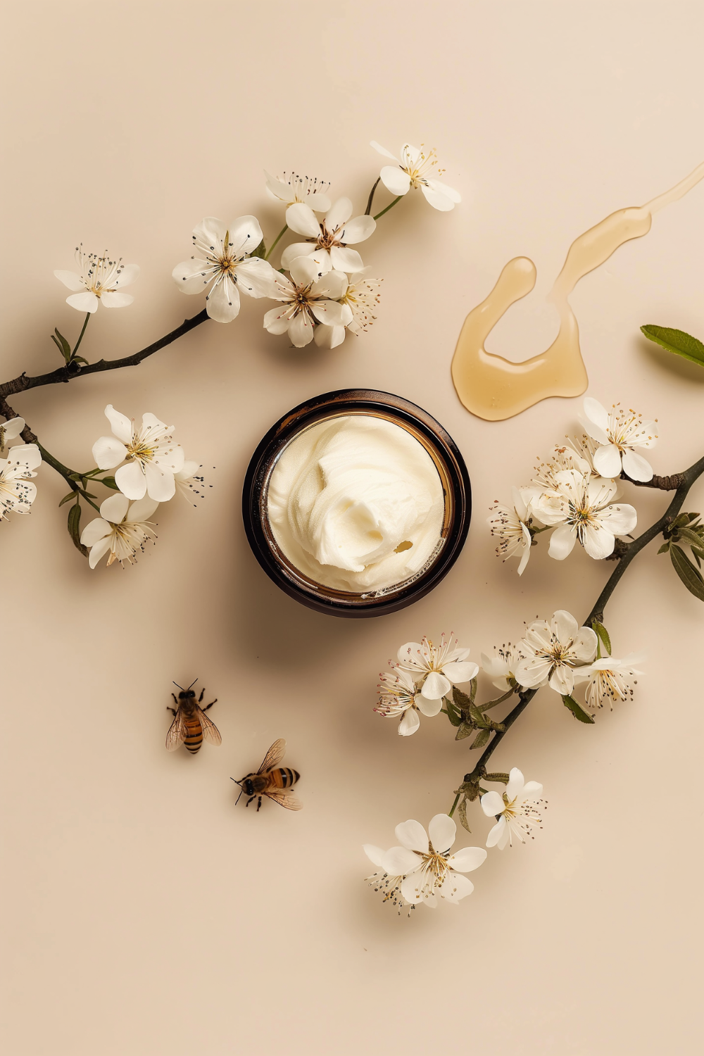 Manuka Honey Tallow Jar of cream surrounded by white flowers and bees on a beige background