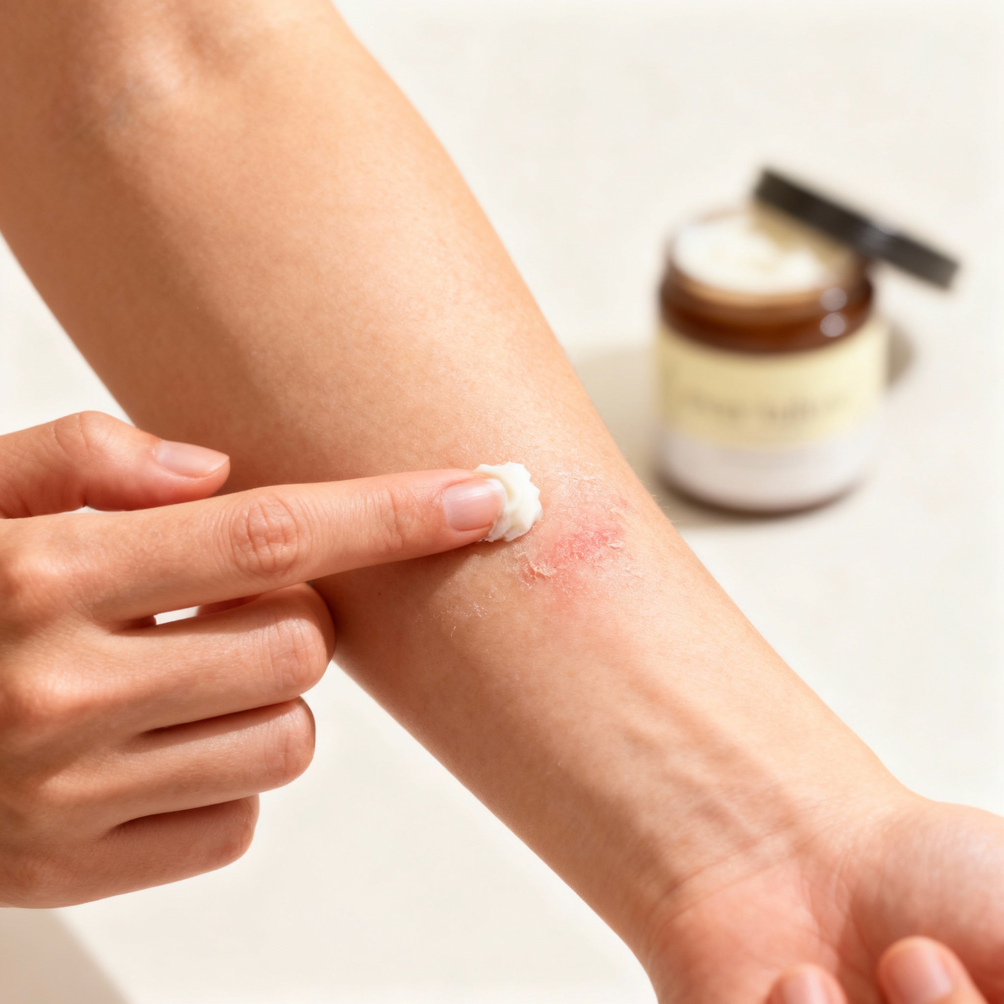 A person applying Manuka Honey Tallow cream to a scratch on their arm with a jar of cream in the background.