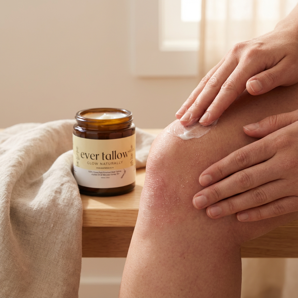 Person applying Manuka Honey Tallow cream to their knee with 'ever tallow' jar in the background