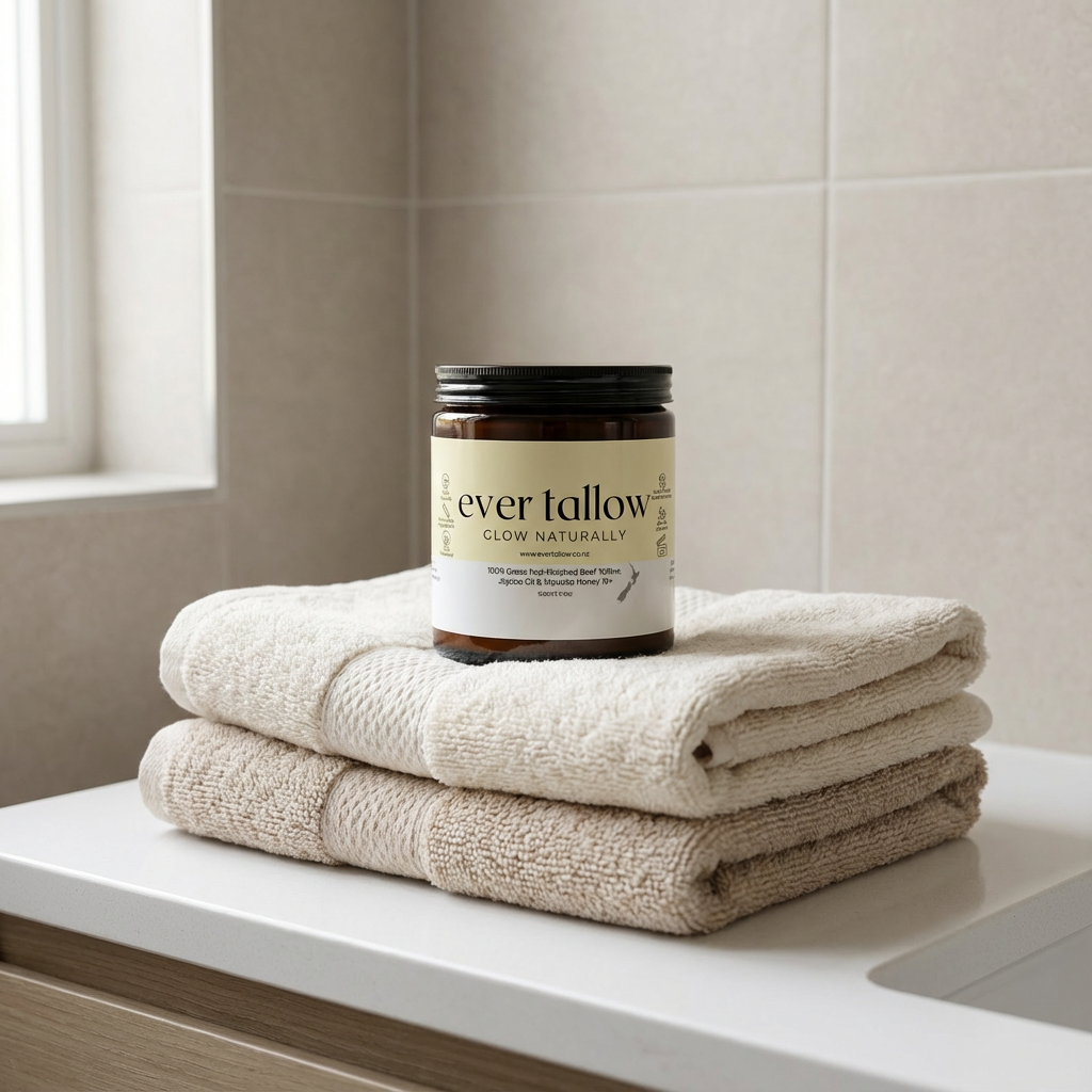Jar of 'ever tallow' Manuka Honey Tallow on folded towels in a bathroom setting