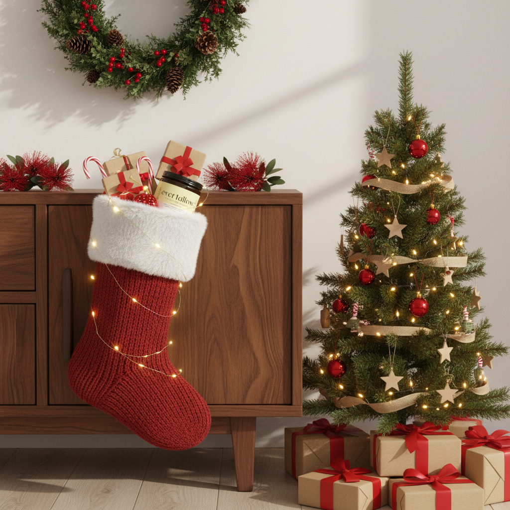 Decorated Christmas tree with lights and presents, next to a wooden cabinet with a stocking and a wreath. Manuka_Honey_Tallow inside at the top of the stocking