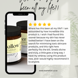 Ever Tallow Manuka Honey Tallow with a five-star rating on a green background