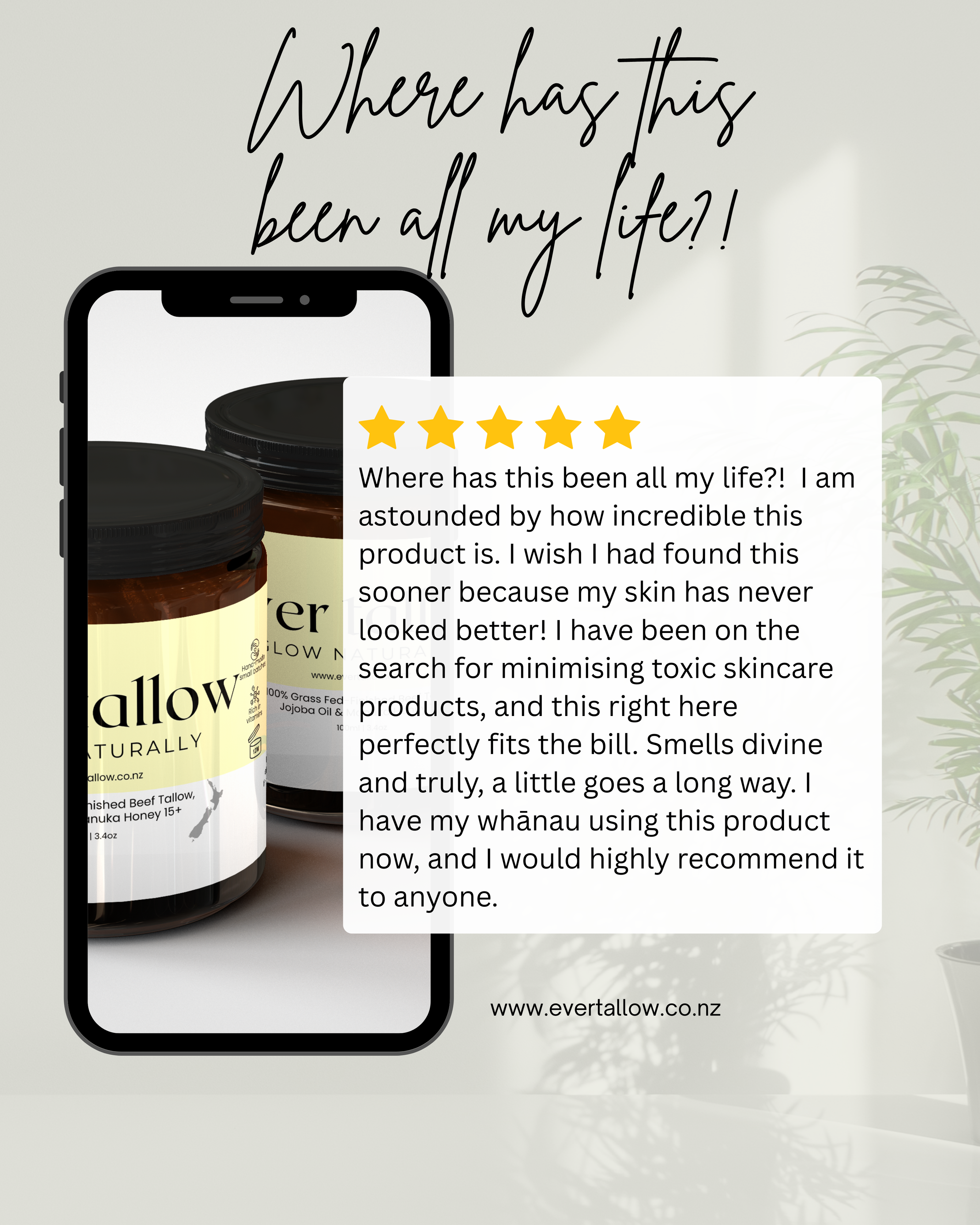 Ever Tallow Manuka Honey Tallow with a five-star rating on a green background