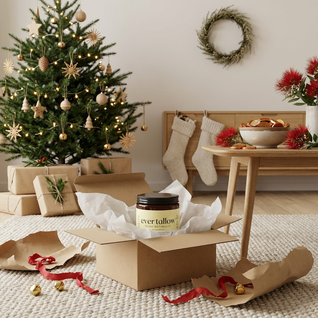 Open a box with a jar of Ever Tallow Manuka Honey Tallow in a festive room with a Christmas tree and stockings.