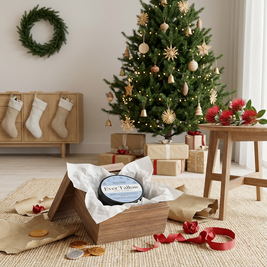 Christmas scene with a decorated tree, stockings, and a Beard Balm gift box on a rug.
