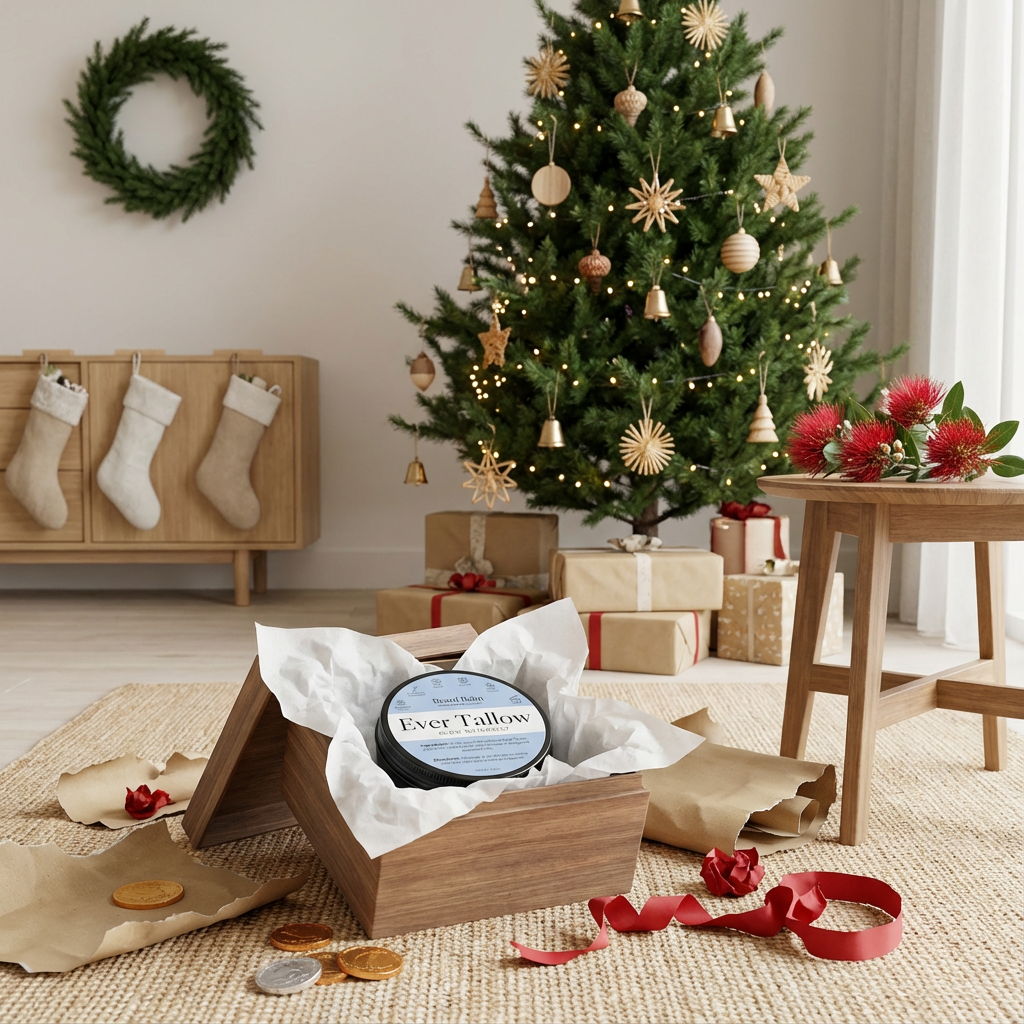 Christmas scene with a decorated tree, stockings, and a Beard Balm gift box on a rug.