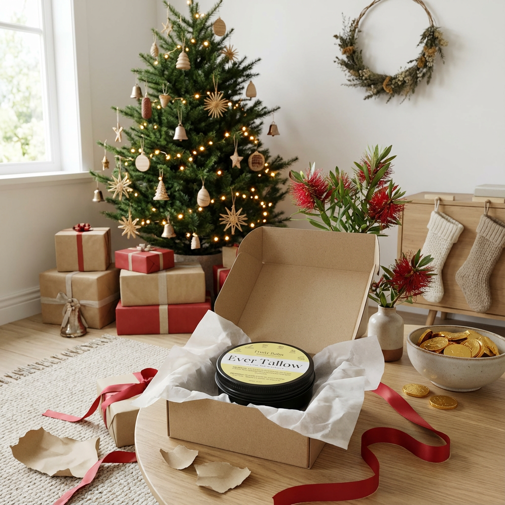 Christmas-themed room with a tree, presents, and a box of Ever Fallow Fruity Balm on a table.