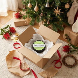 Ever Tallow Glow Balm product in a box with Christmas decorations around