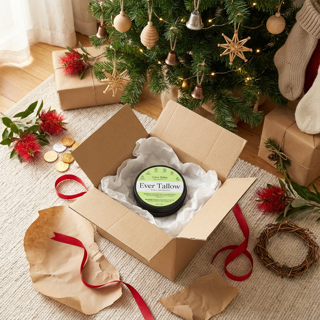 Ever Tallow Glow Balm product in a box with Christmas decorations around
