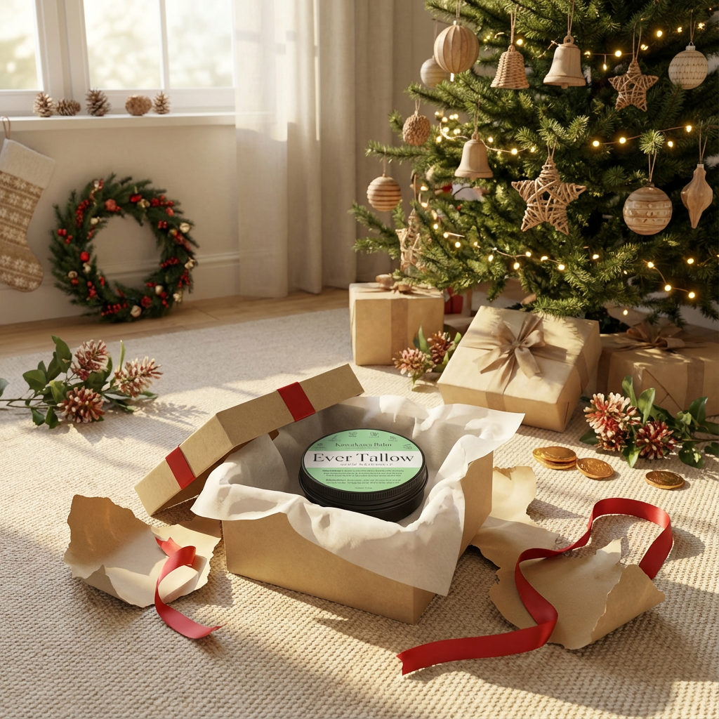 Christmas tree with decorations and a wrapped kawakawa balm gift on a carpeted floor.