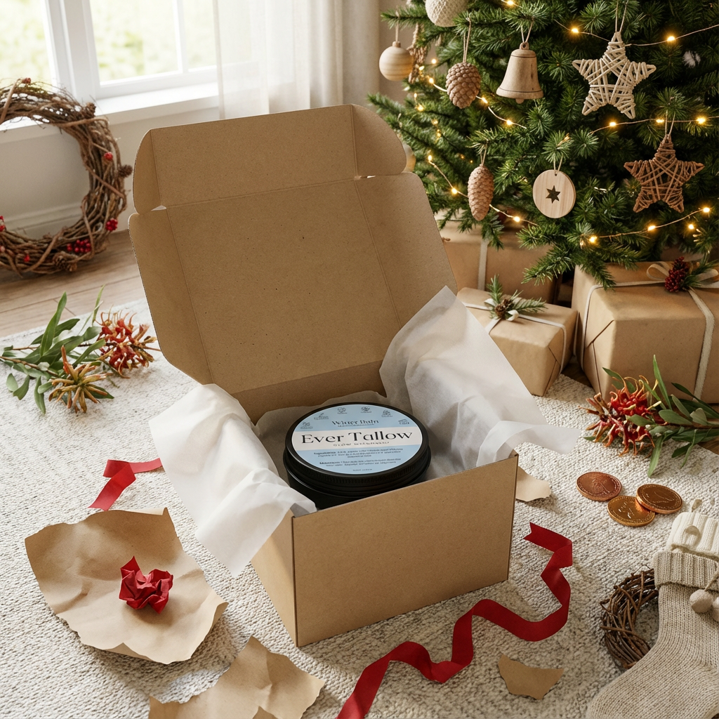 Box with 'Ever Tallow' Winter Balm product in front of a decorated Christmas tree