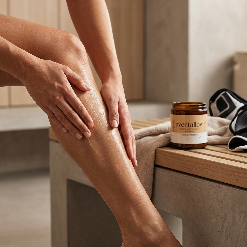 A person applying cream to their leg with a jar of vanilla-infused tallow cream on a wooden surface.