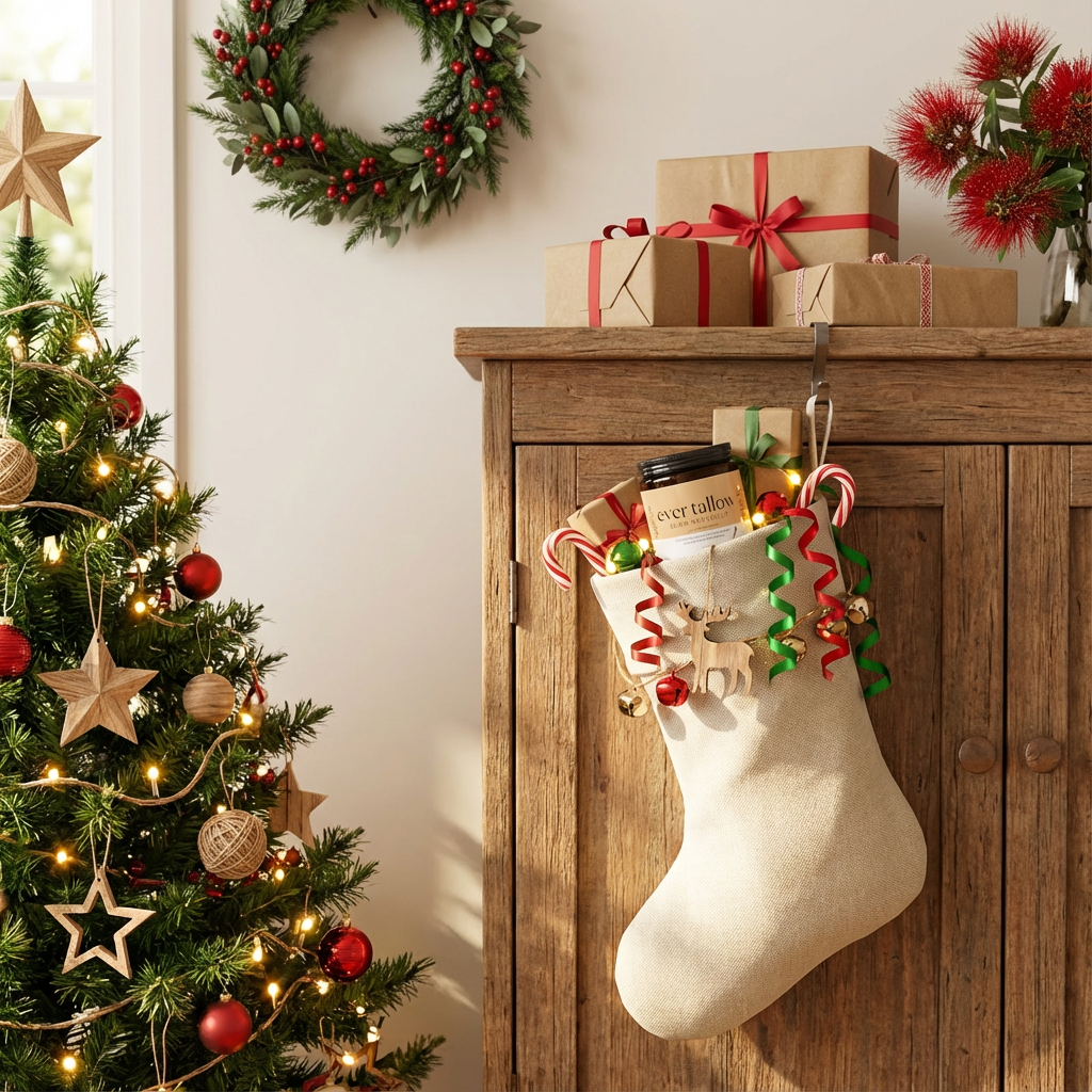 Vanilla-infused tallow cream tucked inside a full Christmas stocking hanging on a low cabinet.