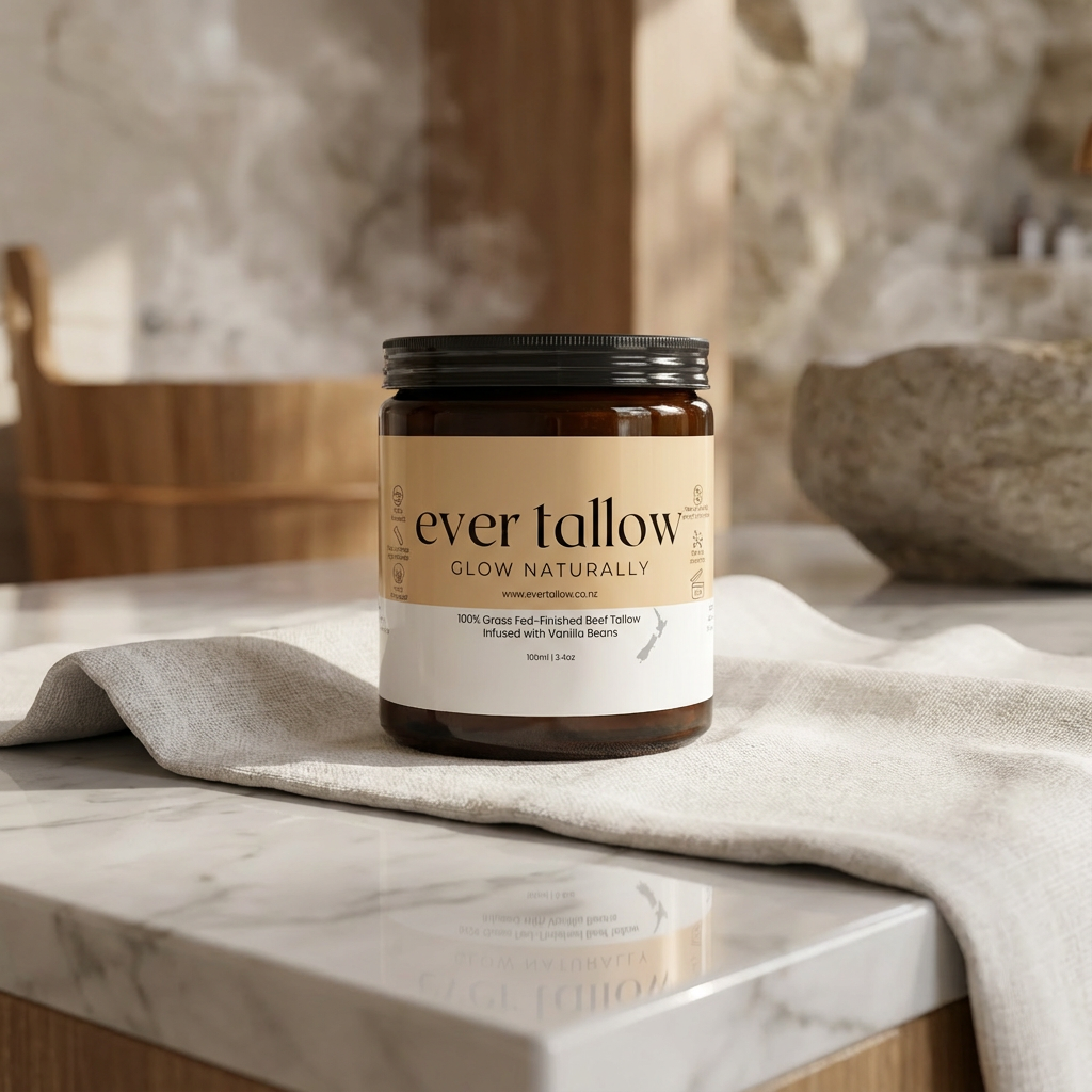Jar of vanilla-infused tallow cream on a marble surface with a neutral background