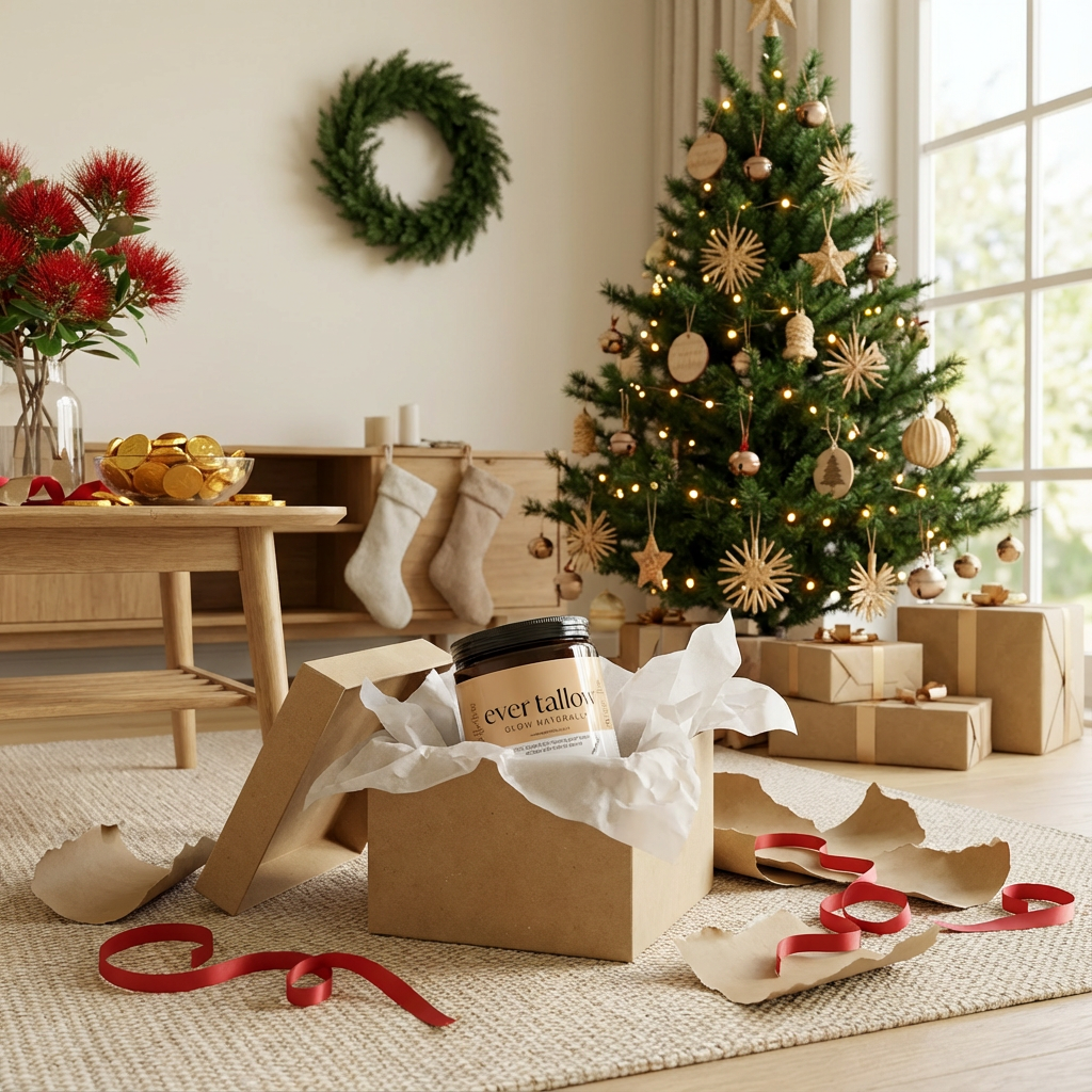 Vanilla-infused tallow cream inside an open gift box with soft white tissue paper. Torn kraft wrapping and red ribbon pieces scattered on a light rug.