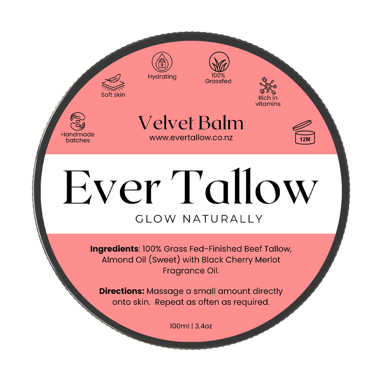 A round product label for Ever Tallow Velvet Balm, featuring a coral pink and white design with black text detailing ingredients, directions, and product features.