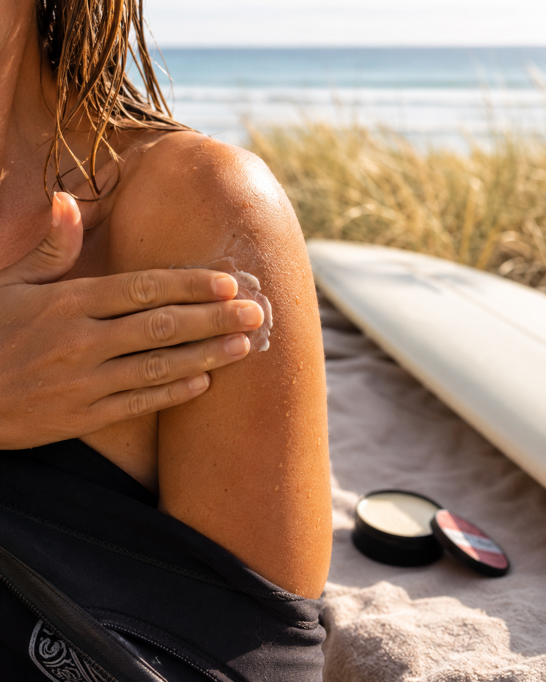 A close-up lifestyle shot of a woman at the beach applying Velvet Balm to her shoulder. A small black tin and its lid sit on a towel nearby, with a surfboard and ocean dunes in the background.