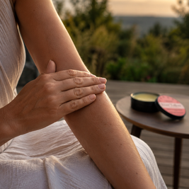 A close-up lifestyle shot of a person applying Velvet Balm from an open round tin onto their forearm, set against an outdoor scenic background at sunset.
