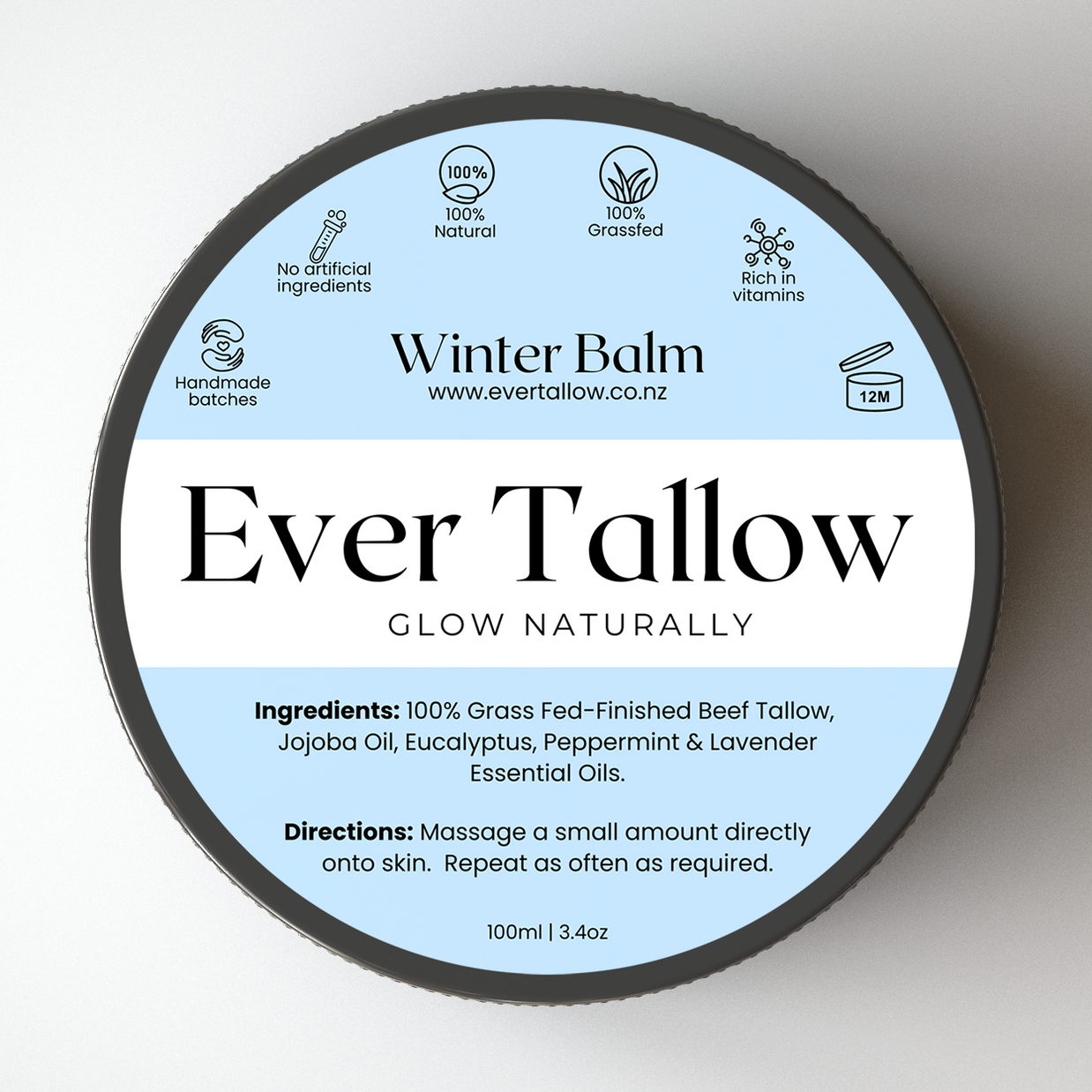 Ever Tallow Winter Balm container with label on a white background